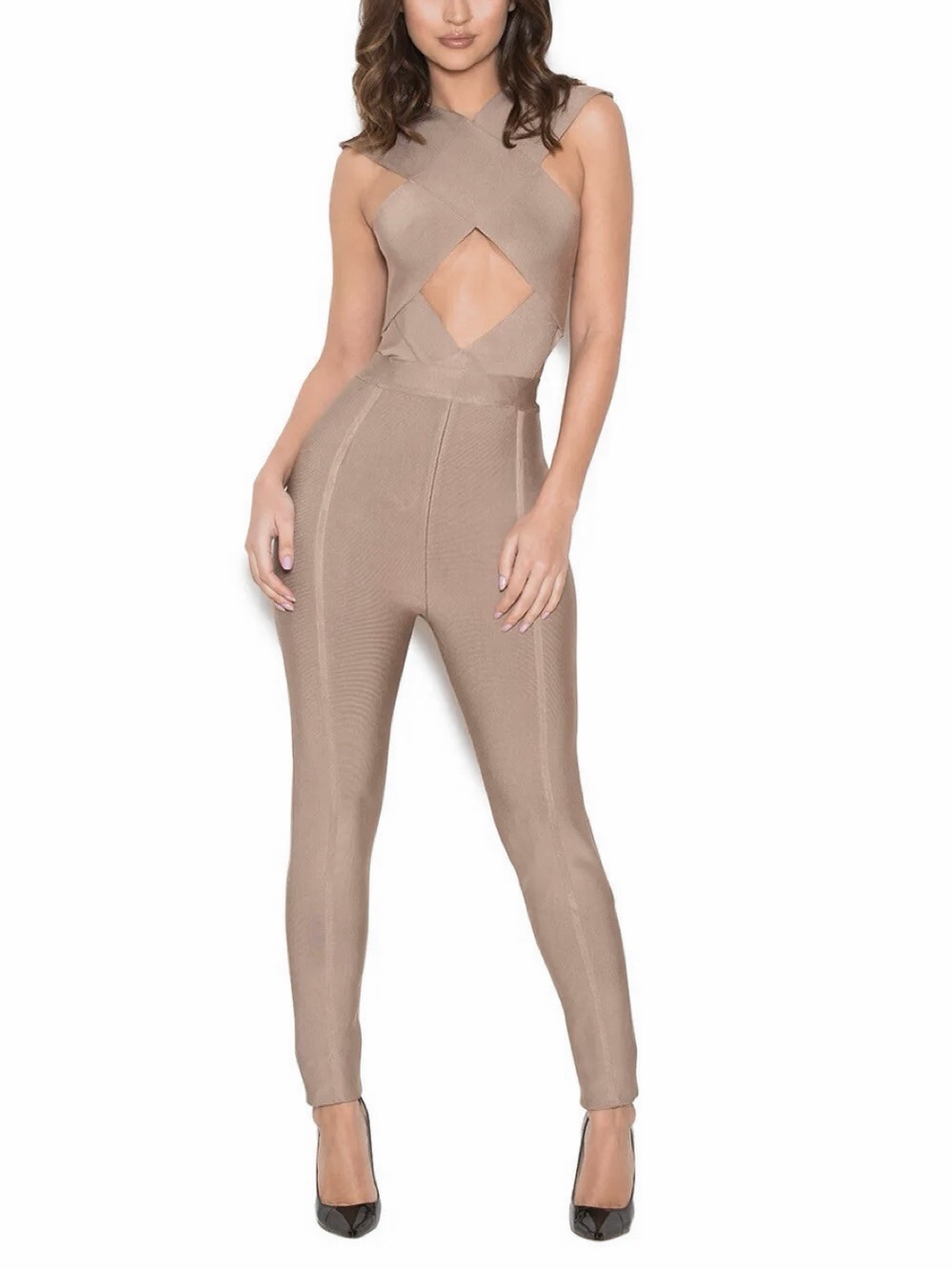 NWT House of CB Women’s Aster Bandage Crossover Jumpsuit in Taupe